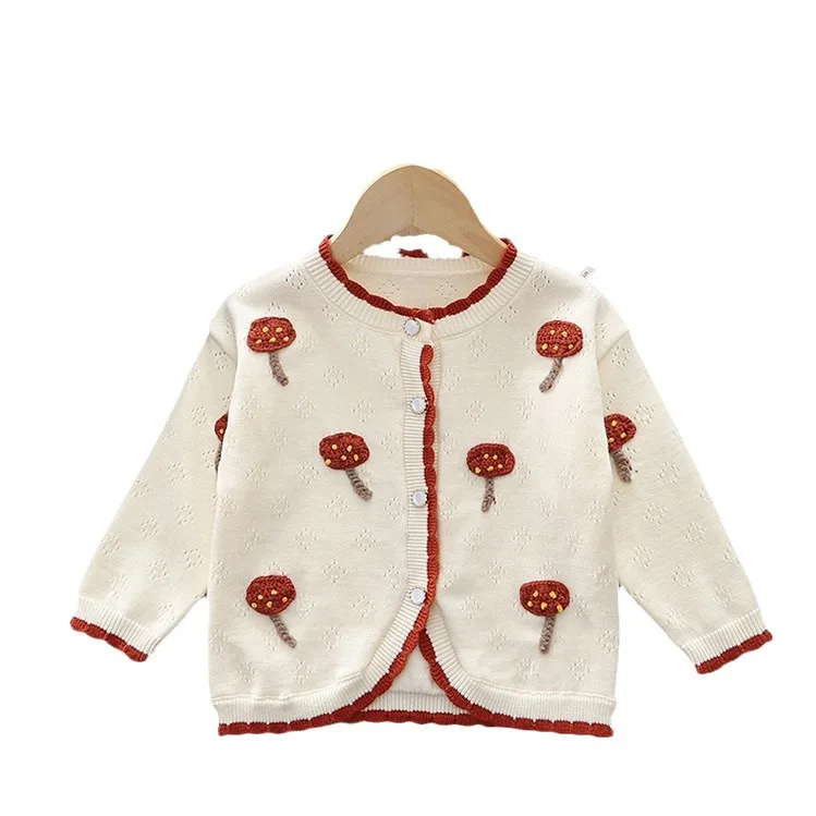 Girl\'s handmade small mushroom sweater foreign Qi spring new female treasure knitted cardigan spring  autumn children\'s sweater