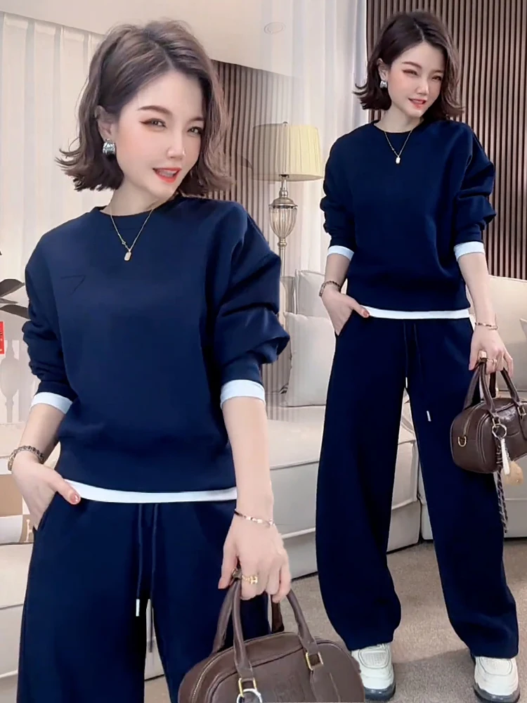 Fashion casual sportswear two piece set women's autumn 2025 new round neck pullover high waist drawstring wide leg pants