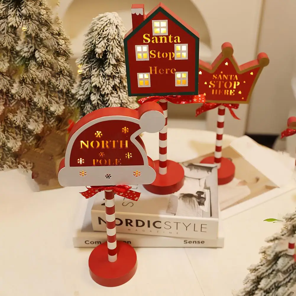 Vintage Street Sign Light Vintage Christmas Street Sign with Led Lamp Bowknot Santa Stop Here North Pole Letter Reusable Xmas