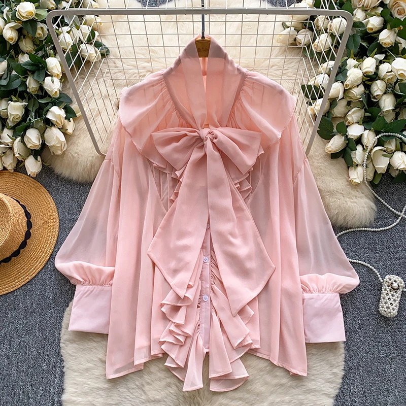 French Elegant Ruffled Long Sleeved Chiffon Shirt for Women Spring Autumn New Fashionable Plus Size Bow Collar Blouse Top T107