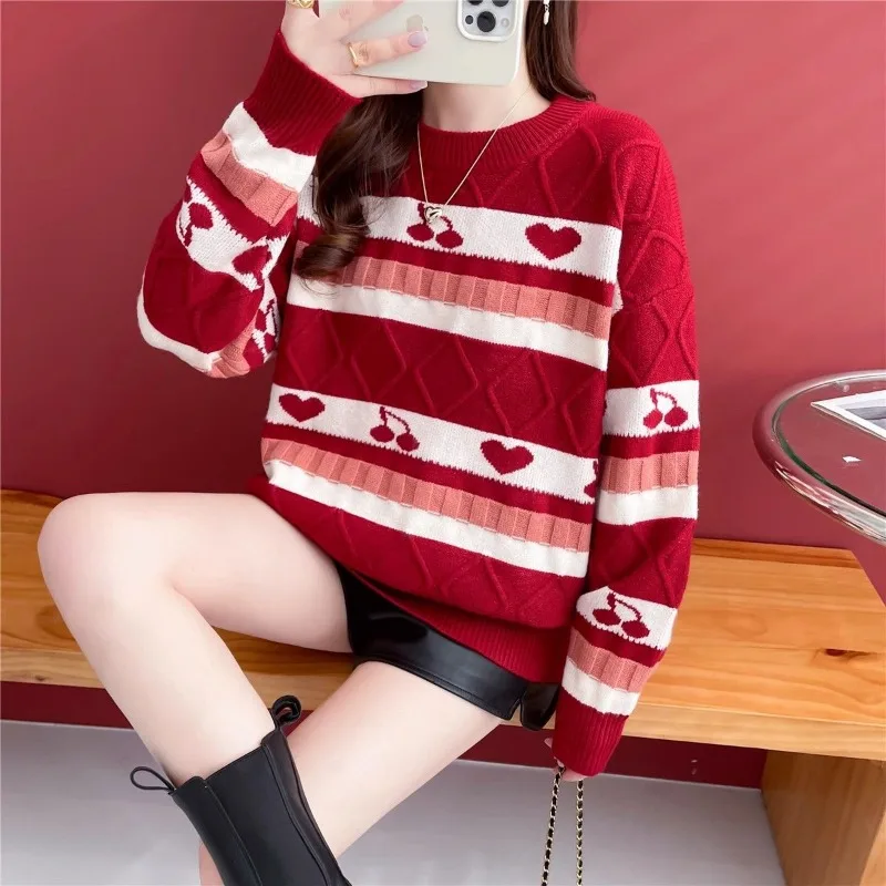 DAYIFUN Round Neck Cherry Knitted Pullovers Women Long Sleeve Underlay Sweaters 2023 Autumn/Winter Casual Loose Jumpers Female