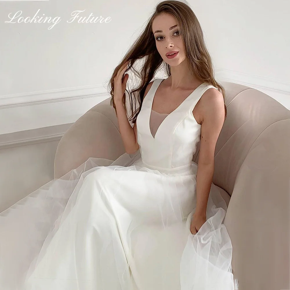 Plus Size Modern Simple Wedding Dresse Satin V Neck Bridal Gown White Sleeveless Vestido de Novia 2024 Open Back Sweep Train