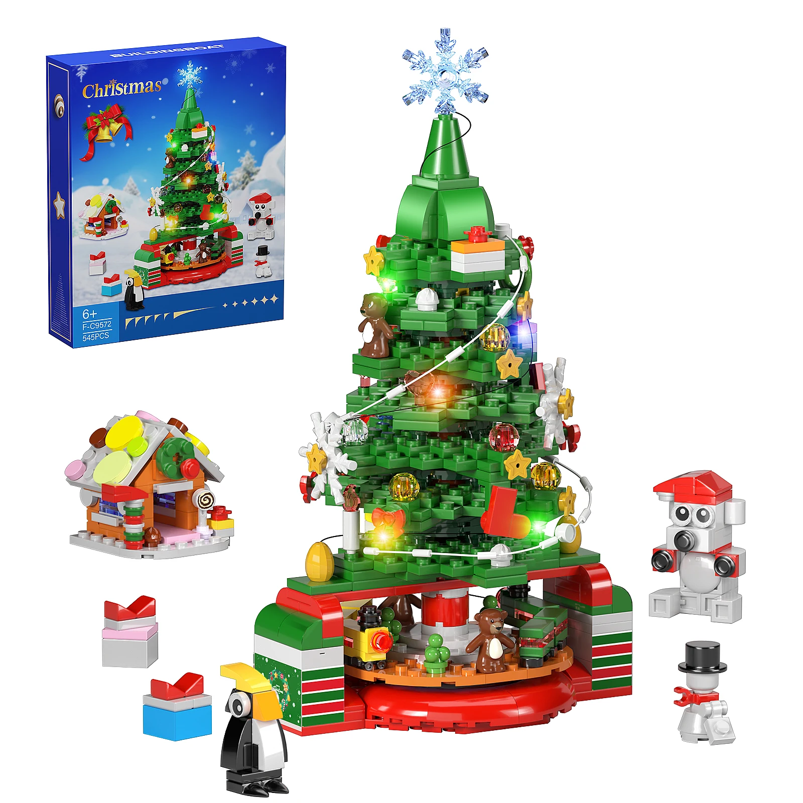 BuildMoc 2024 New Year Christmas Tree With Lights Building Blocks Set Snowman Snow Ornament Brick Socks Toys Children Xmas Gifts