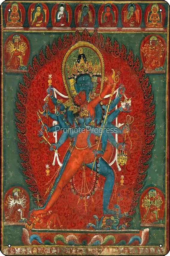 Buddhist Painting: Chakrasamvara and Vajravarahi (Restored Tibetan Artwork) Poster Metal Sign Decor - Bar Pub Garage Man Cave W