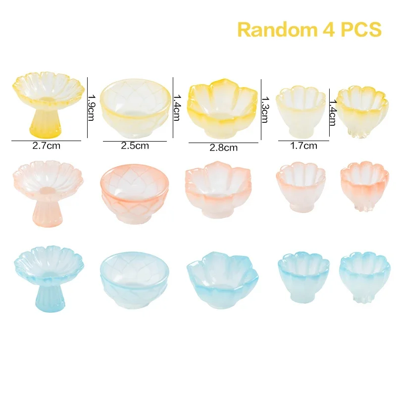 4pcs/set Dollhouse Miniature Fruit Dish Plate Tall Tray Cake Plate Tea Bowl Model Kitchen Accessories For Doll House Decor Toys