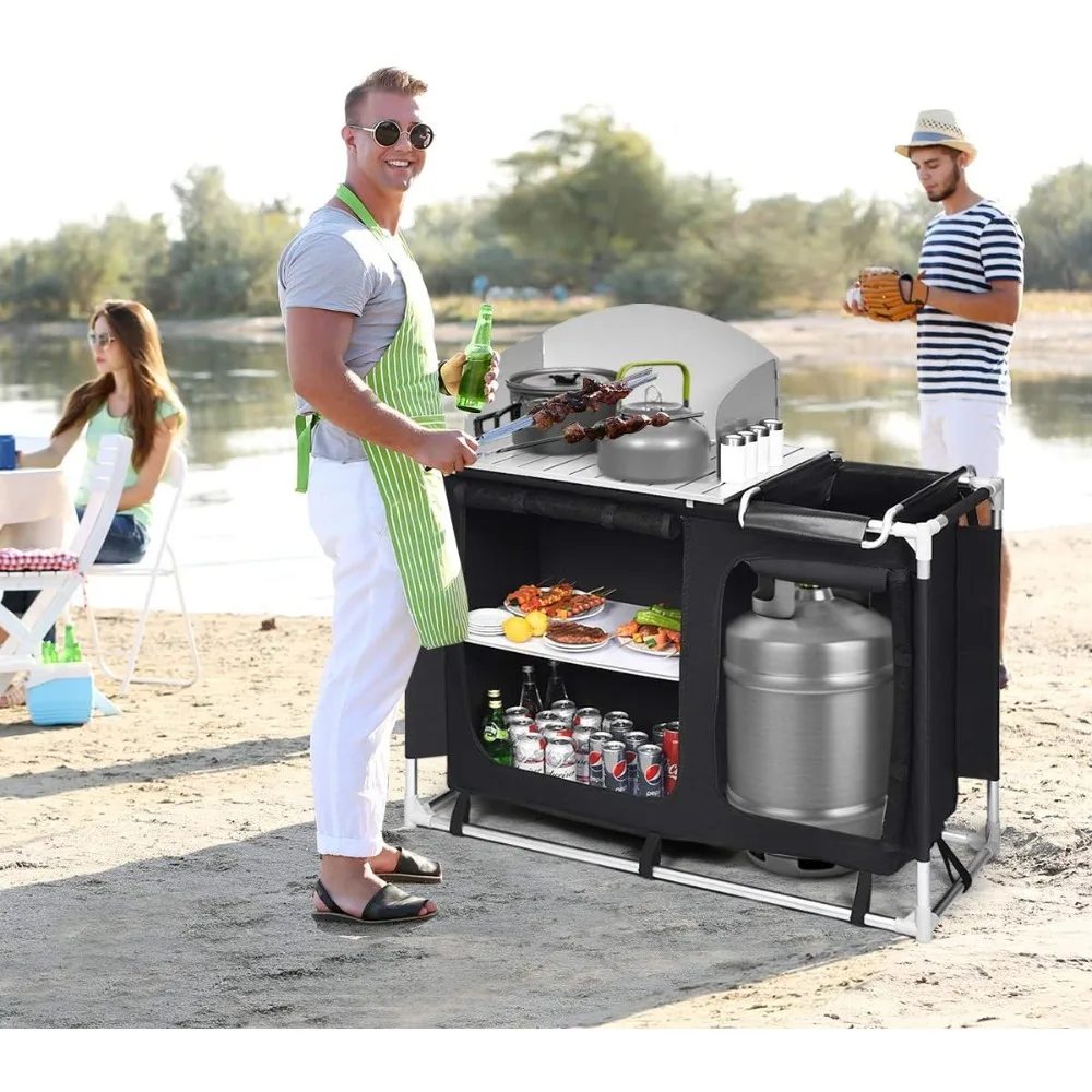 Outdoor Camping Kitchen Table, Portable Camping Grill Table with Windscreen and Remove Sink, Outdoor Camping Cook Statio