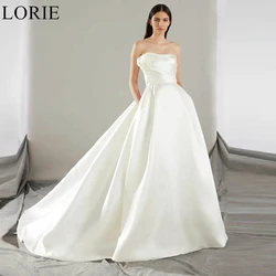 LORIE Simple Ivory Wedding Dresses with Pocket Strapless A-Line Draped Backless Pleated Bride Prom Gown Long Elegant Bridal Gown