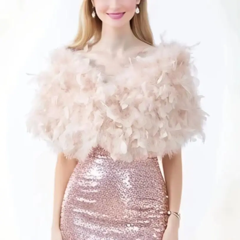 Real Turkey Feather Shawl with Flower, Furry, Fluffy, Fur Cape, Wrap, Red, Pink, Blue Color, B230832