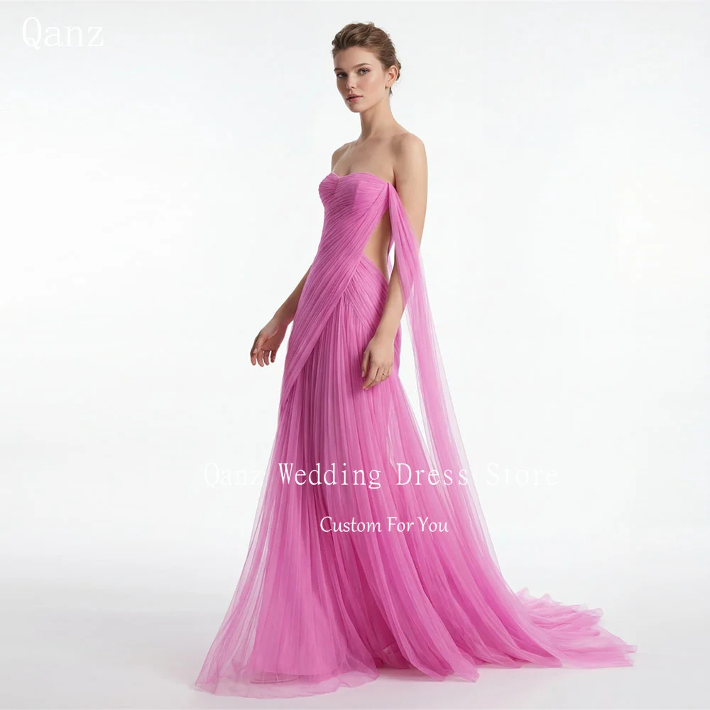 

Розовые тюлевые платья Qanz для выпускного вечера, вечерние платья с вырезом в форме сердца, плиссированные длинные платья без спинки для женщин, для вечеринок, свадеб, на заказ