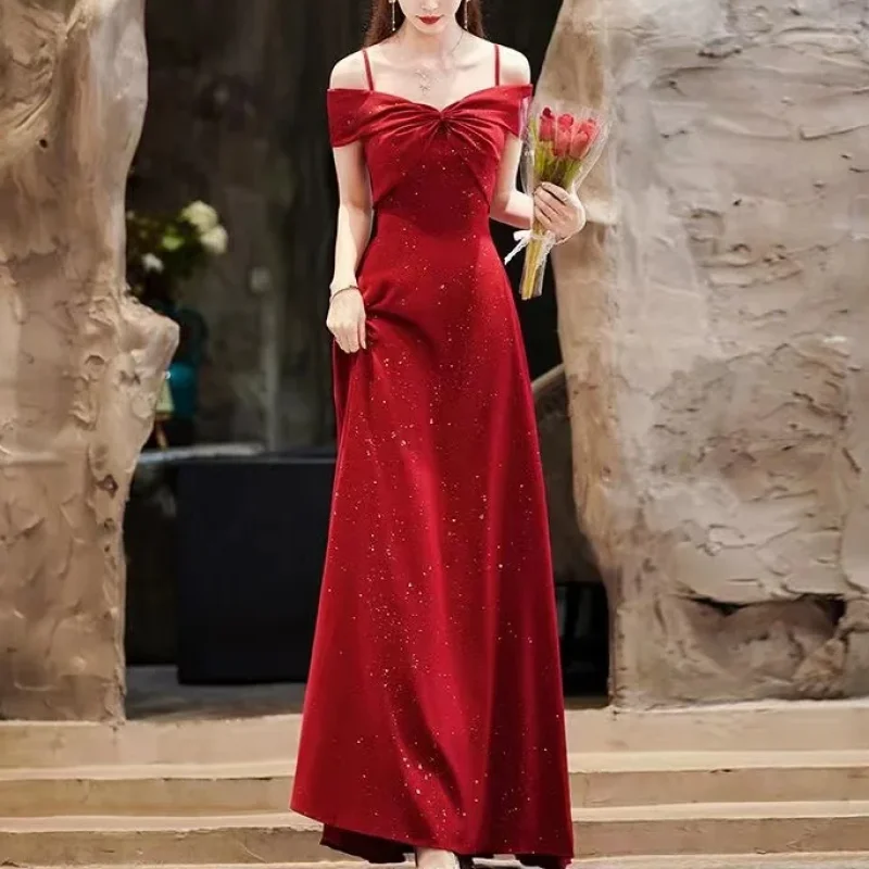 French Style Autumn and Winter Hepburn Waist Dress Red Suspender Middle Length Dress Engagement Anniversary Dress