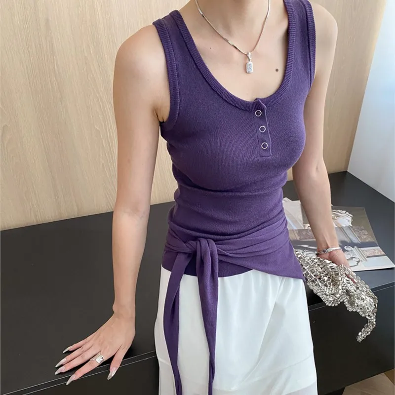 

2025 Summer U Neck Button Knitted Women's Vest Casual Solid Color Slim Knit Tops