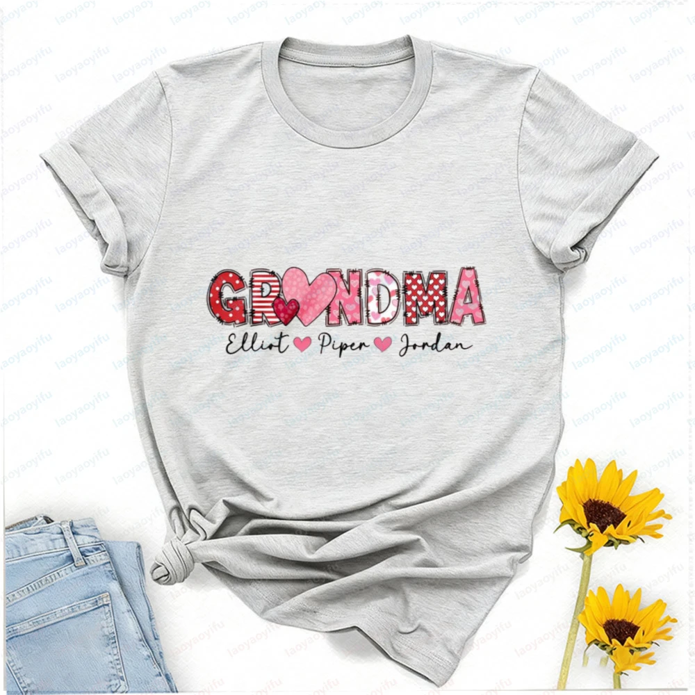 Grandma Day Cotton Shirt Customized with Grandkids Names Personalized Heart T-Shirt Gigi with Heart Love Tee for Granny Tops