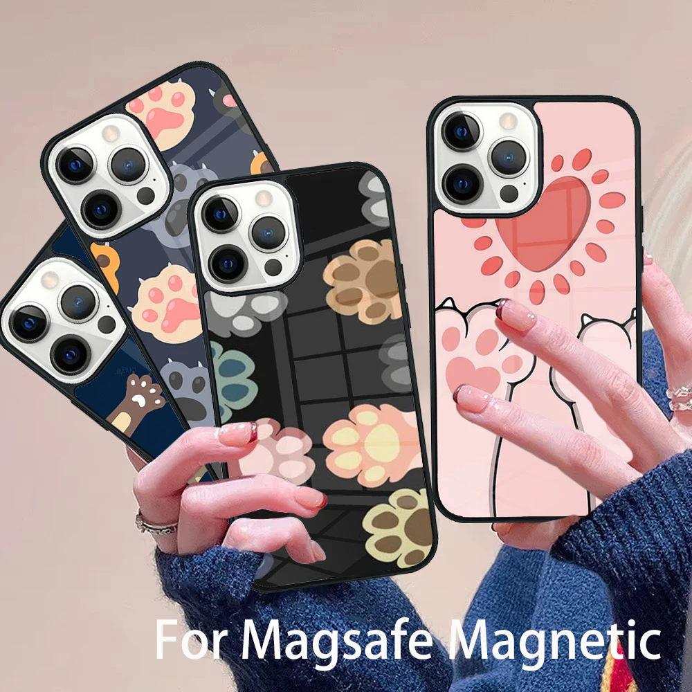 

kawaii cute cat Dog Foot Paw Phone Case Magesafe Magnetic Wireless Charge Cover For IPhone 16 11 12 13 14 15 Pro Max Plus Mini