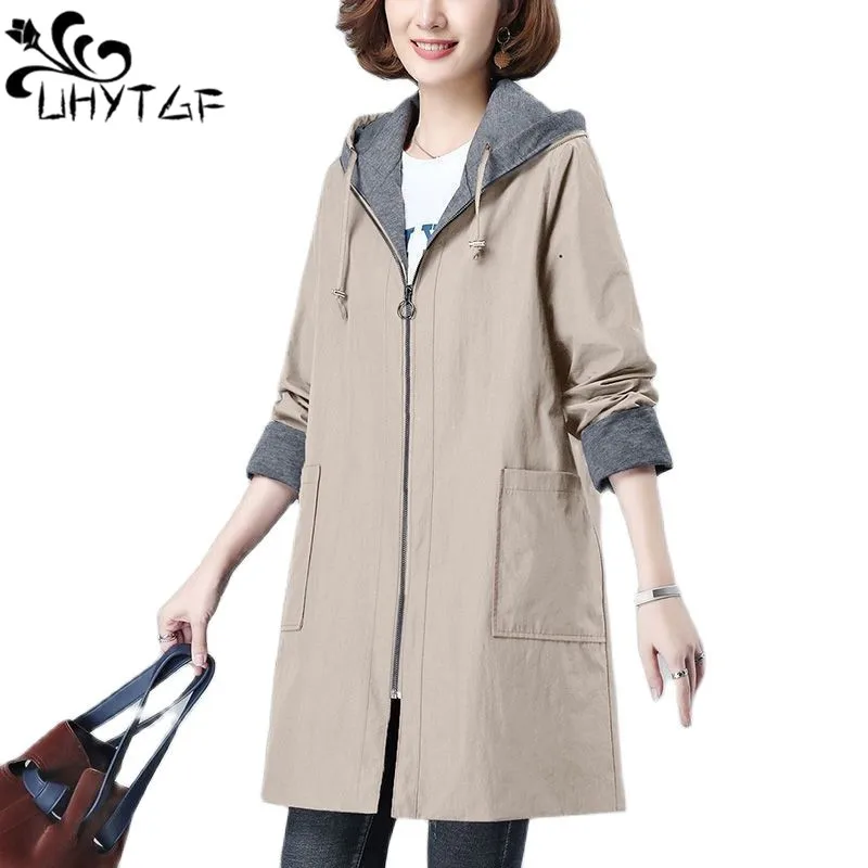 

UHYTGF Coats Women Hooded Zipper Oversized Raincoat Jacket Female Korean Trench Coat Casual Spring Windbreaker Ladies 7XL 2696