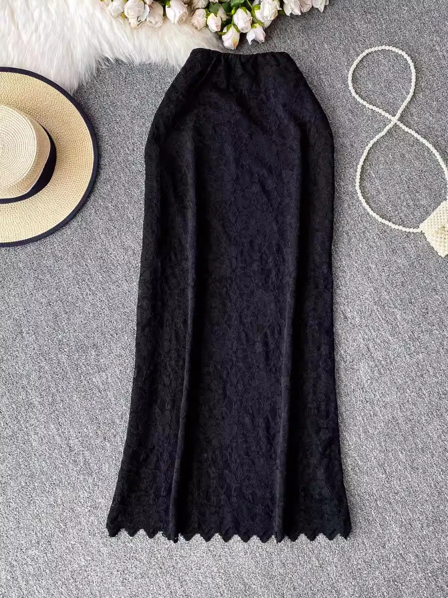 Foamlina 2025 Summer High Waist Slim Fit Bodycon Midi Skirt Women High Quality White Lace Hot Girl Elegant Half Skirt Vintage