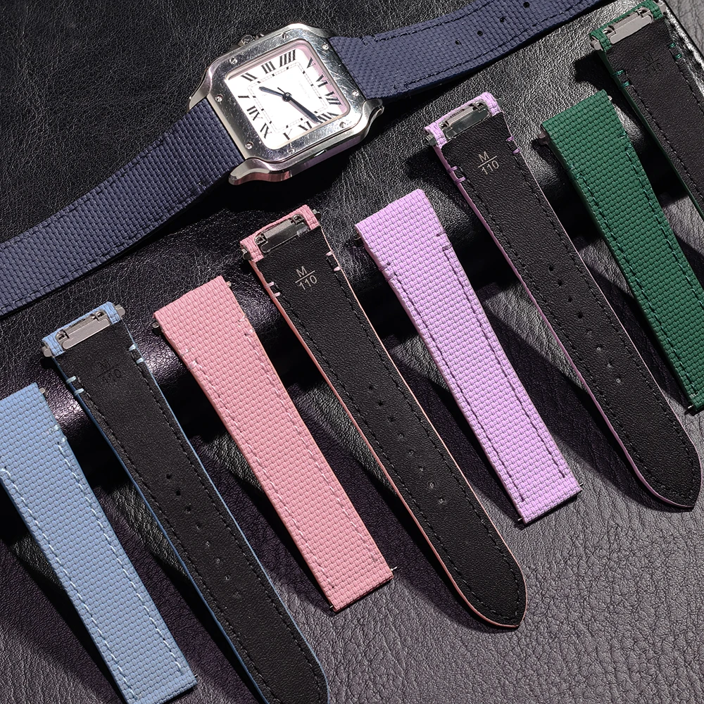 حزام ساعة كارتييه سانتوس سريع الإصدار مناسب تمامًا، حزام بديل مطاطي فلورو للمعصم متوسط الحجم للجنسين والرجال والنساء