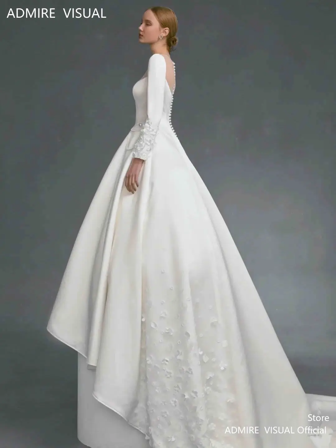 Robe de Mariée Trapèze en Satin à Manches sulf, Col Carré avec Fleurs, Sur Mesure, Éducative, 2022