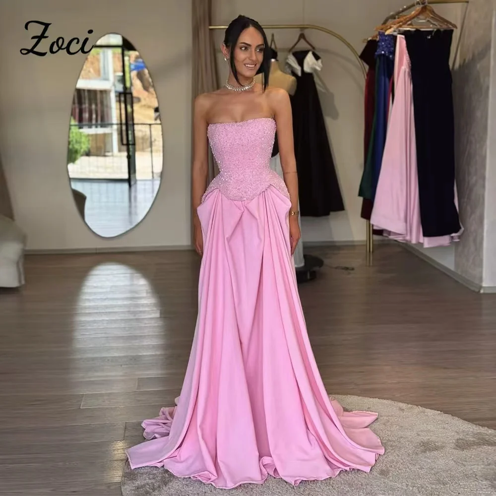 

Zoci Strapless Sequned Satin Pink Prom Dresses Customized Sparkly Draped A Line Evening Prom Party Gown Saudi Women Outfit Dress