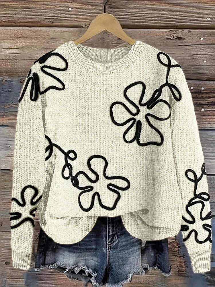 

Women's Flower Print Color Block round Neck Casual Sweater Long Sleeve Autumn Winter Top 2024 New Arrival