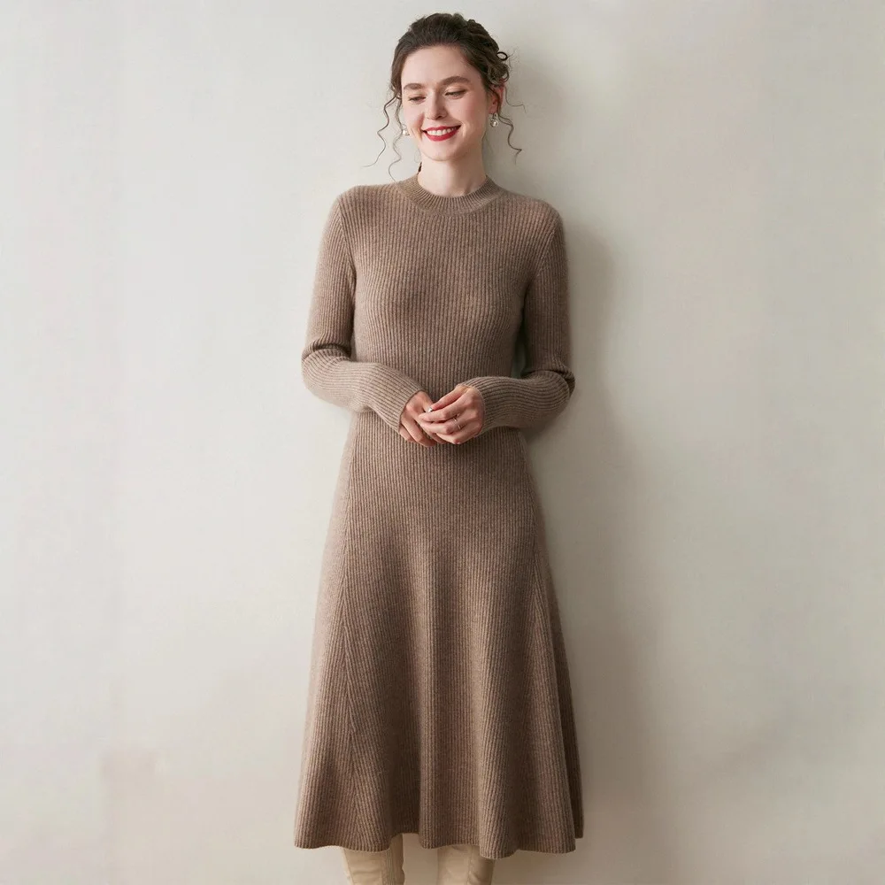 2026 Nieuwjaar Dames Herfst/Winter Kleding 100% Kasjmier Halfhoge Hals Kerst Effen Kleur Lange Mouwen Feestjurk