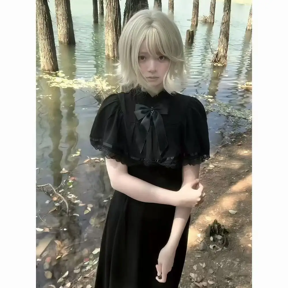 Abito Lolita in stile gotico nero da donna Gonna lunga con bordo in pizzo stile francese Ragazze vintage Halloween Street Cosplay Abbigliamento femminile