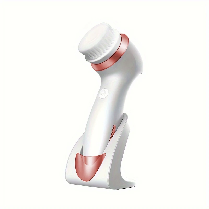 แปรงทำความสะอาดผิวหน้าไฟฟ้าแบบพกพา 3 อิน 1 พร้อมหัวแปรง 3 หัว กันน้ำ ชาร์จได้ สีโรสโกลด์ พร้อมหัวนวดสีม่วง