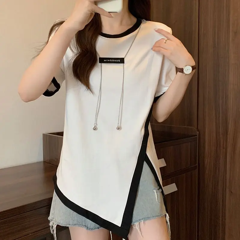 Fashion All-match Women's Clothing O-neck Tops Summer Casual Interior Lapping Ladies Solid Color Irregular Pullovers T-Shirts