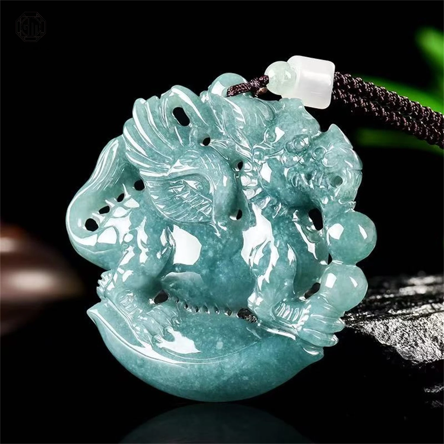 Natural Grade A Jadeite Blue Water Three Dimensional Flying Kylin Ice Pendant Unisex Men Women Gemstone Necklace Jewelry Gift