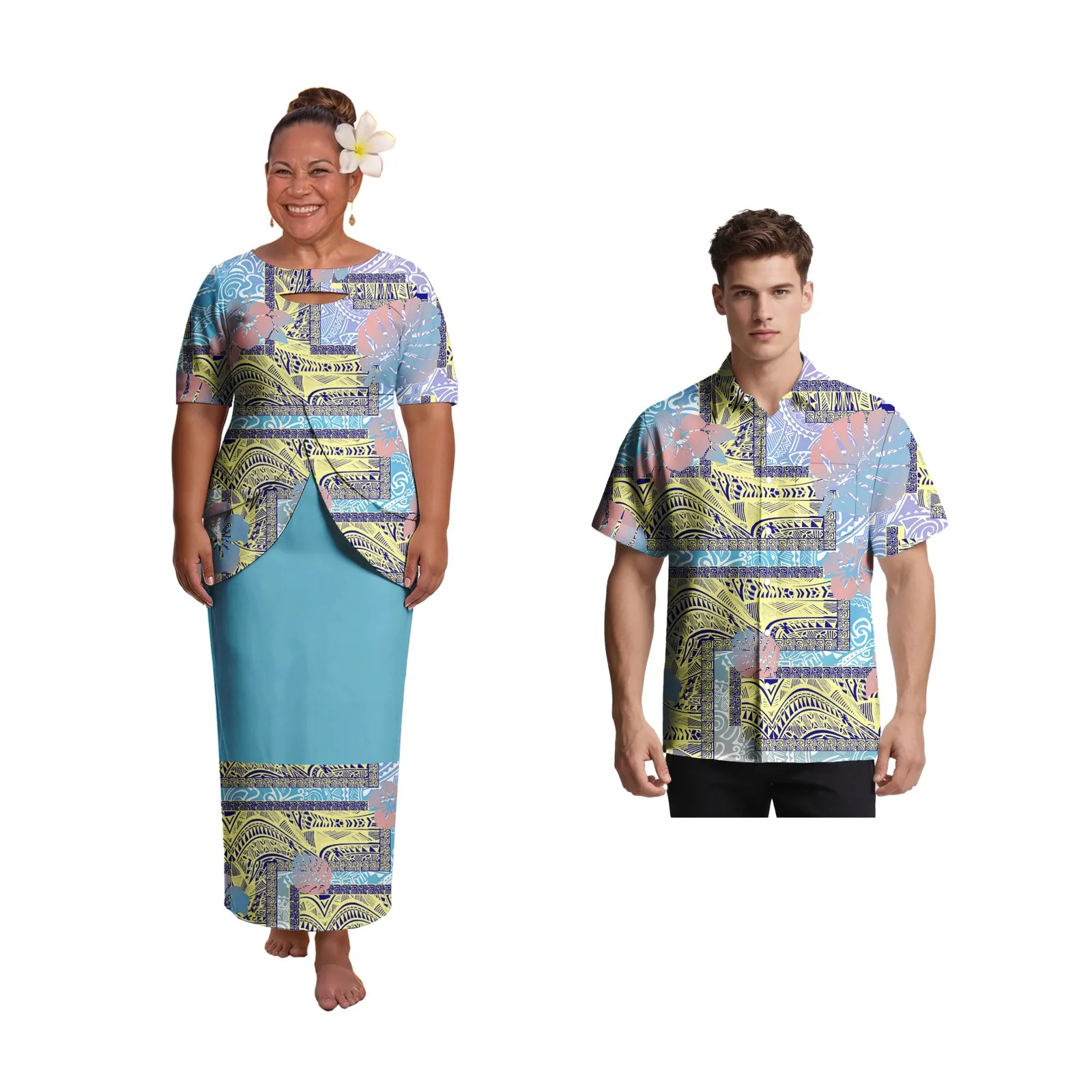 

Couple Suit Polynesian Party Women Puletasi Dress Hawaiian Island Men Shirts Samoan Monstera Leaf Design Matching Couple Outfits