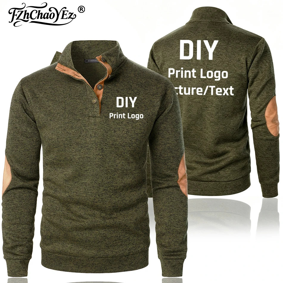 DIY Logo Men's Autumn Stand Collar Long Sleeve Sweatshirts Top Casual Warm Pullover Outdoor Streetwear for Men Sport Hoodies