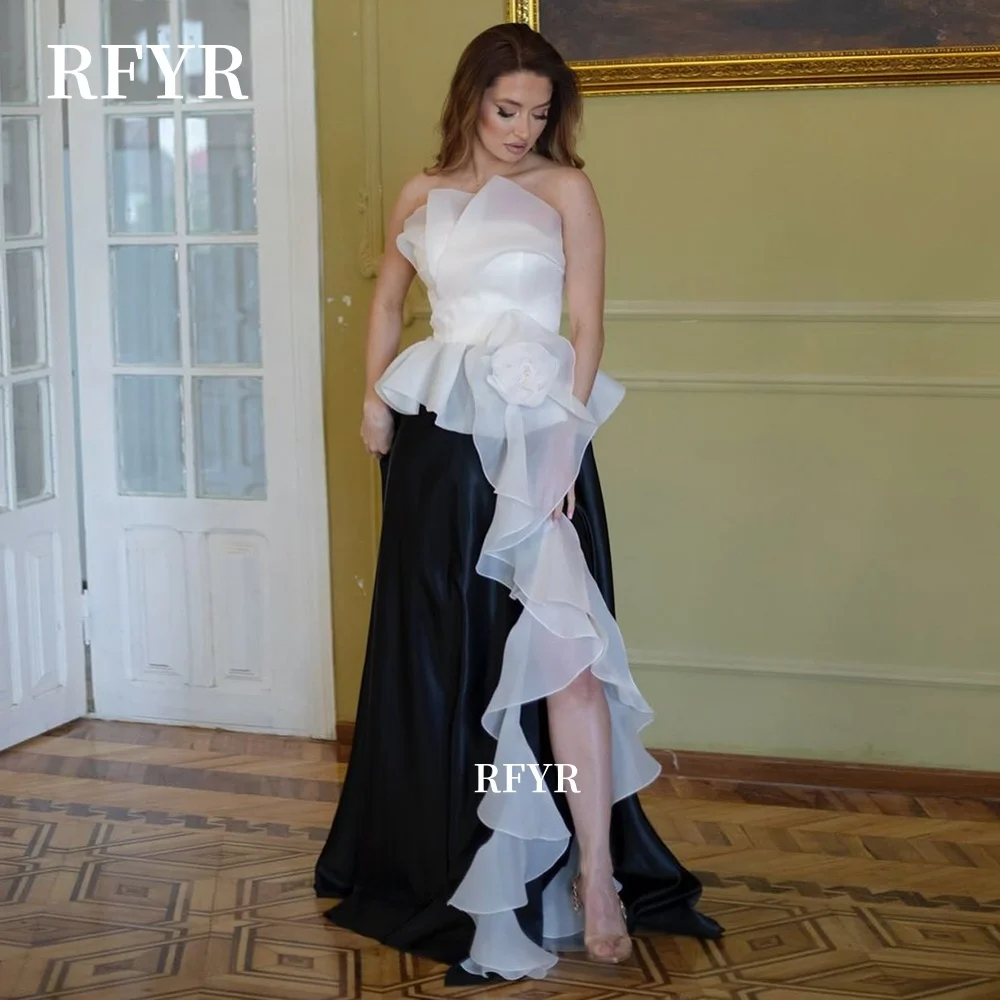 

RFYR Strapless Prom Dress Two Colors Evening Dress Ruffles Party Dress for Arabic Women Side Slit vestidos de fiesta Customized
