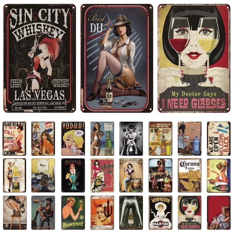 Pin Up Sexy Girl Retro Vintage Metal Tin Sign Beer Advertising Metal Plaque Plate Poster Signs For Bar Club Man Cave Wall Decor