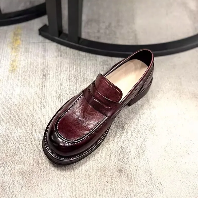 

Handmade Business Casual Leather Shoes Men's High-end Washed Horsehide Loafers Youth Slip on Trend Office Wedding Oxfords Male