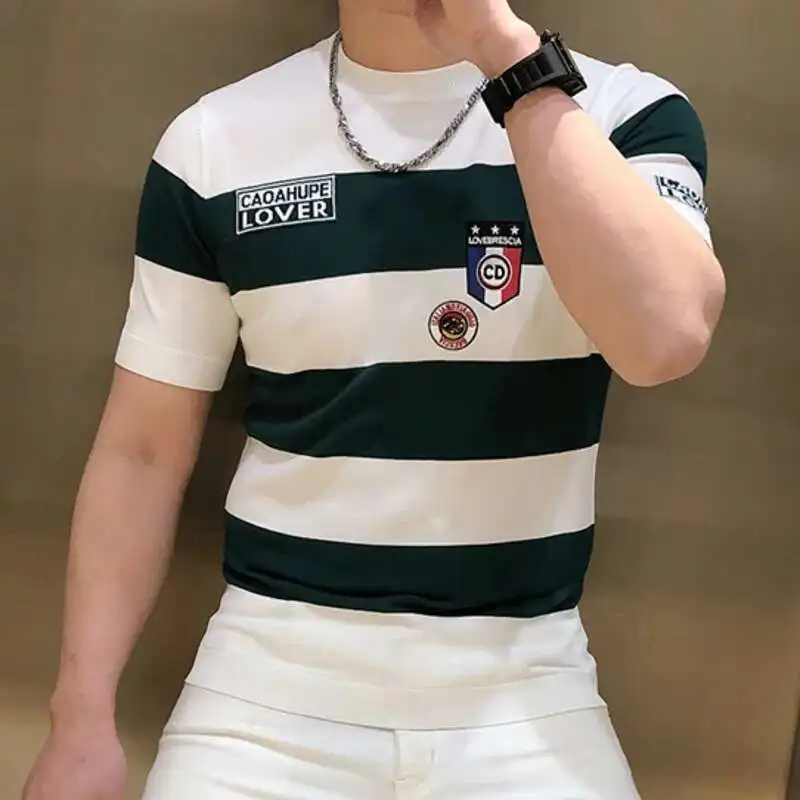 2022 Summer Men\'s Personalized Badge Embroidery Tees Slim Fit Stripe Ice Silk Short Sleeve Tshirt Tide Brand Round Neck Pullover