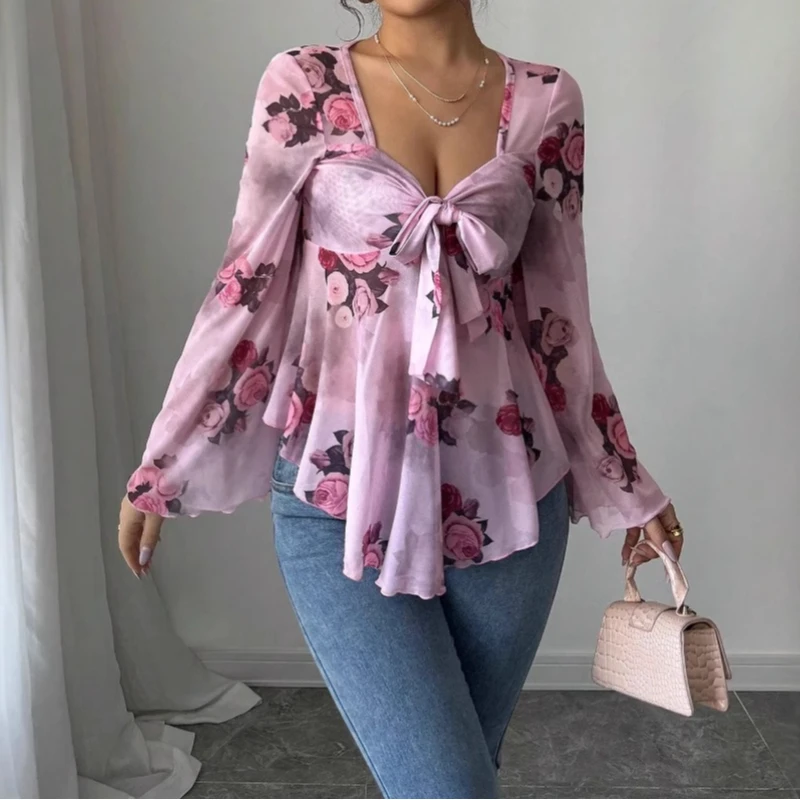 2025, neues Design, französisches, langärmliges Hemd mit süßen Blumenflecken und quadratischem Ausschnitt