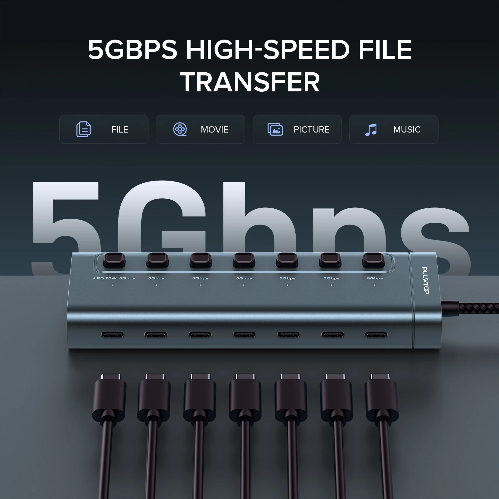 PULWTOP 5Gbps  USB C Hub with Independent Switch 7-Port 20W PD Charging for Laptop Accessories