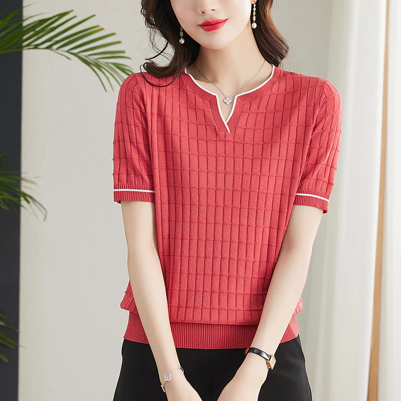 

TuangBiang Female Summer Cotton Pullover 2023 Mock Bamboo Ribbed V-Neck Short Sleeves Knitted T-Shirts Women Thin Loose Red Tops