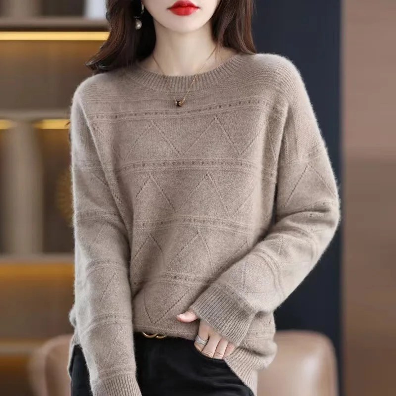 Hollow Out Pullover Sweater Women New Autumn Winter Loose Knit Long Sleeve Bottom Top Round Neck Warm Pull Femme Knitwears