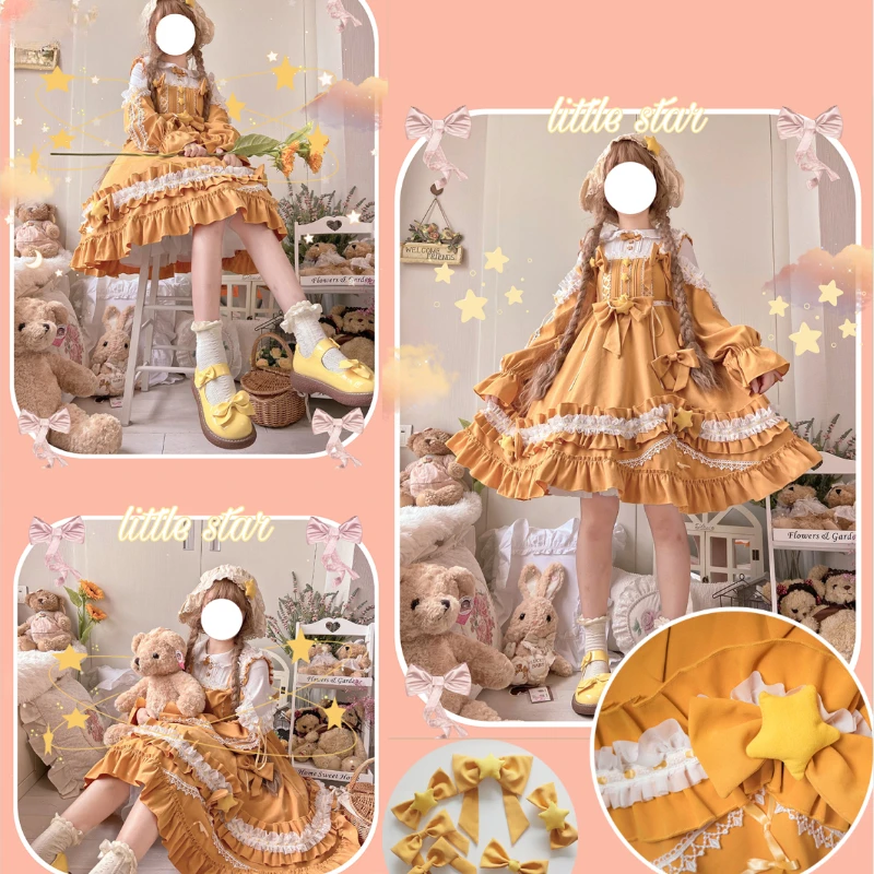 Originale giapponese dolce Lolita Op abito da donna carino piccola stella volant manica lunga abito da principessa femminile Kawaii Tea Party Dress