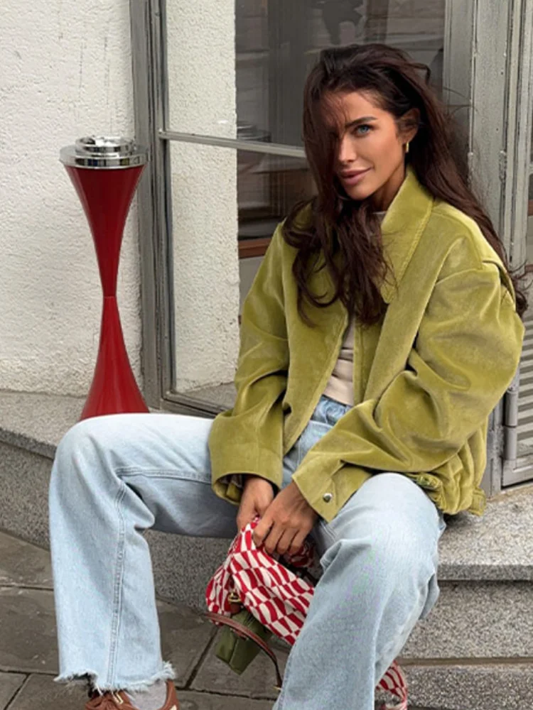 

Vintage Suede Cropped Jacket Coat Women's Spring Fall Olive Green Casual Daily Zipper Coat 2025 New Outerwears Chic Streetwear