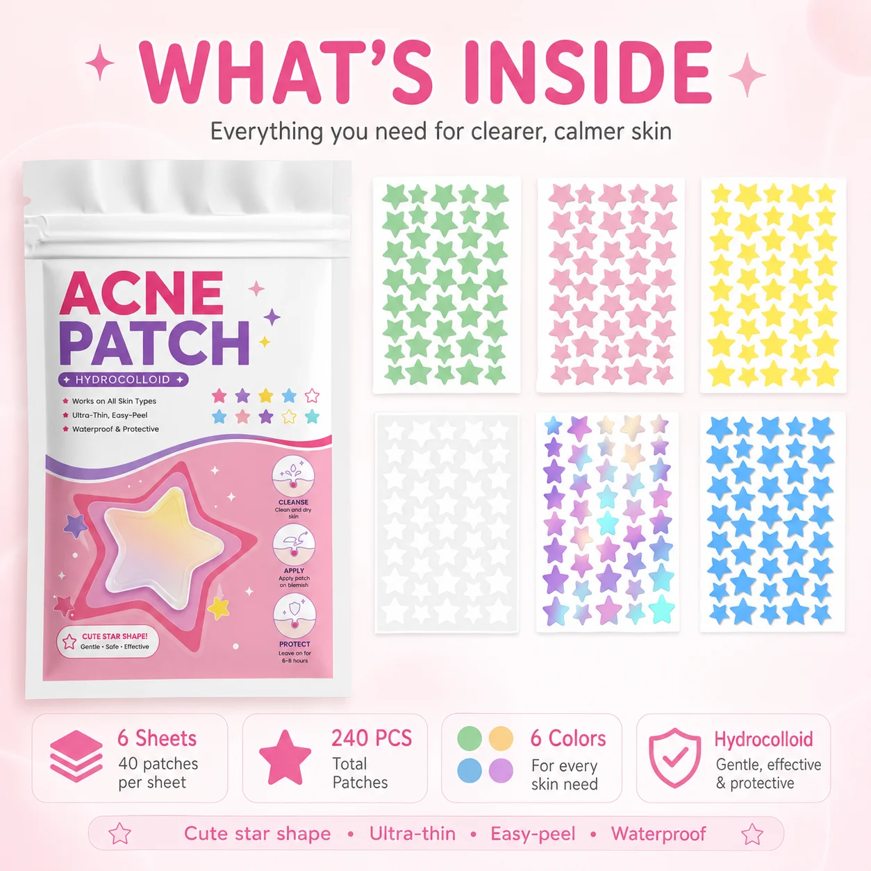 240PCS Colorful Star Acne Patches, Cute Hydrocolloid Face Stickers, Multiple Colors for Daily Wear, Selfies, Travel and Makeup