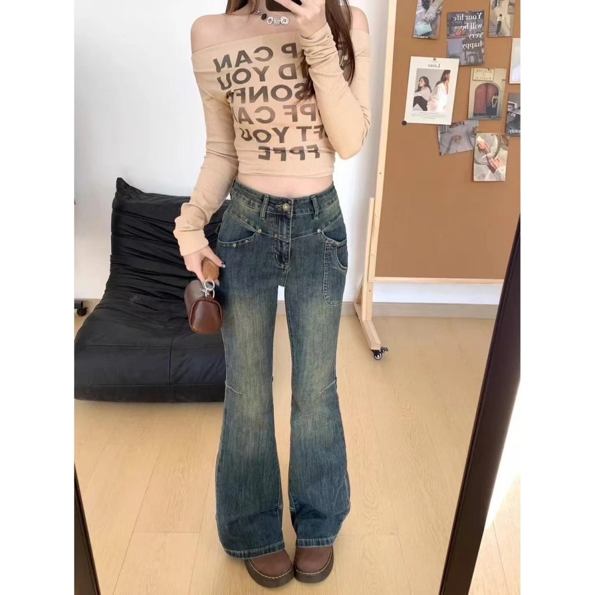 

Retro American High Waist Bell Bot Jeans Women's Slimming Design Spring Autumn New Sle Casual Cotton Polyester Denim