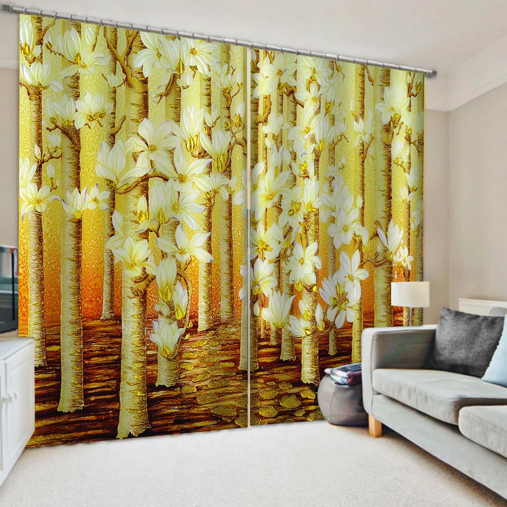 New gold Magnolia flower curtains Windows Curtains Thin for Living Room Bedroom Decorative 3D Curtains