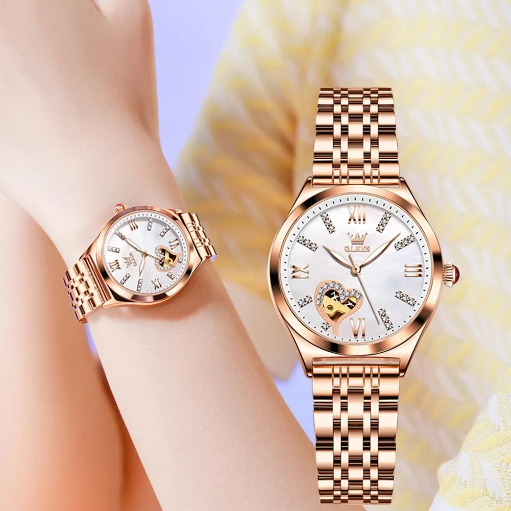 

OLEVS 6636 Genuine Leather Strap Automatic Mechanical Watches For Women Fashion Waterproof Women Wristwatches