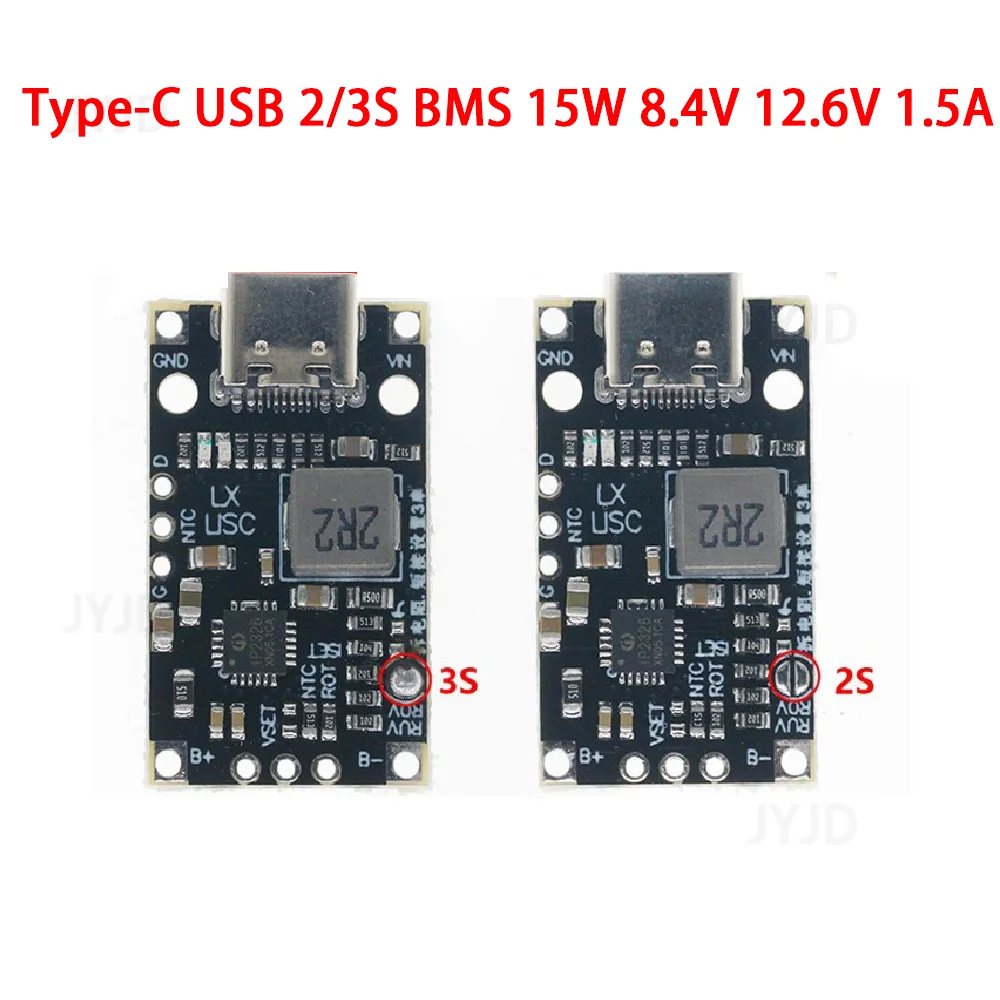 USB 2S 3S BMS 15W 8.4V 12.6V 1.5A Moduł ładowania akumulatora litowego ze zrównoważonym wsparciem Szybkie ładowanie ze wskaźnikiem typu C