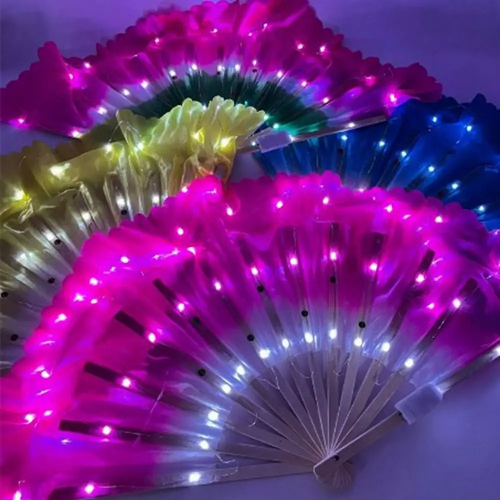 30.5cm Bamboo+10cm Half Circle Silk Chinese Short Bellydance Fan Lighting 6 Colors Veil Pairs Yangko Prop Dance Bamboo Fans