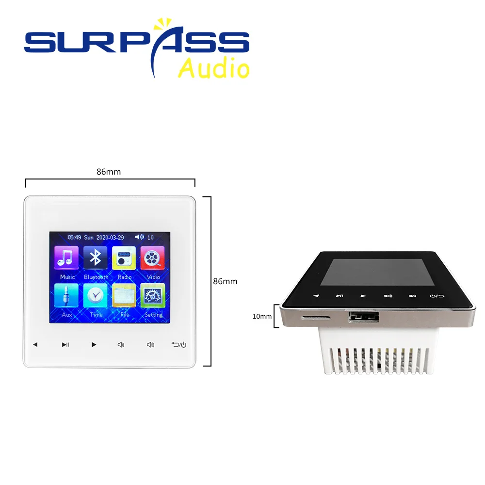 Bluetooth In Wall Digital Stereo Audio Amplifier 3.5" Mini Touch Screen Music Player Bathroom Waterproof 10W Ceiling Speaker Kit