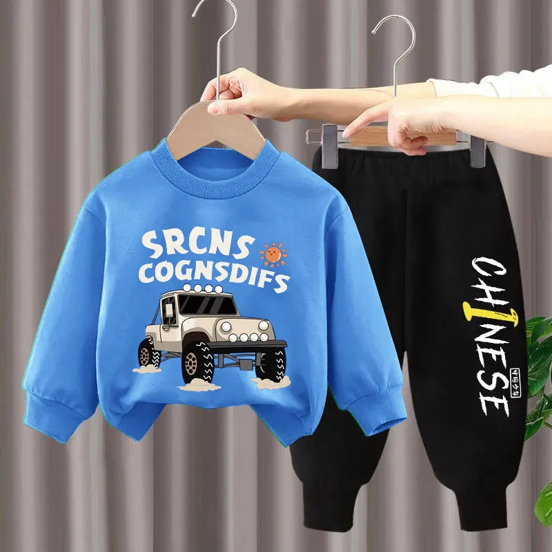 Children's Sports Suit Autumn Winter Cotton Casual Two Piece Set Boys Cartoon Pattern Sports Loungewear Long Sleeved Trousers