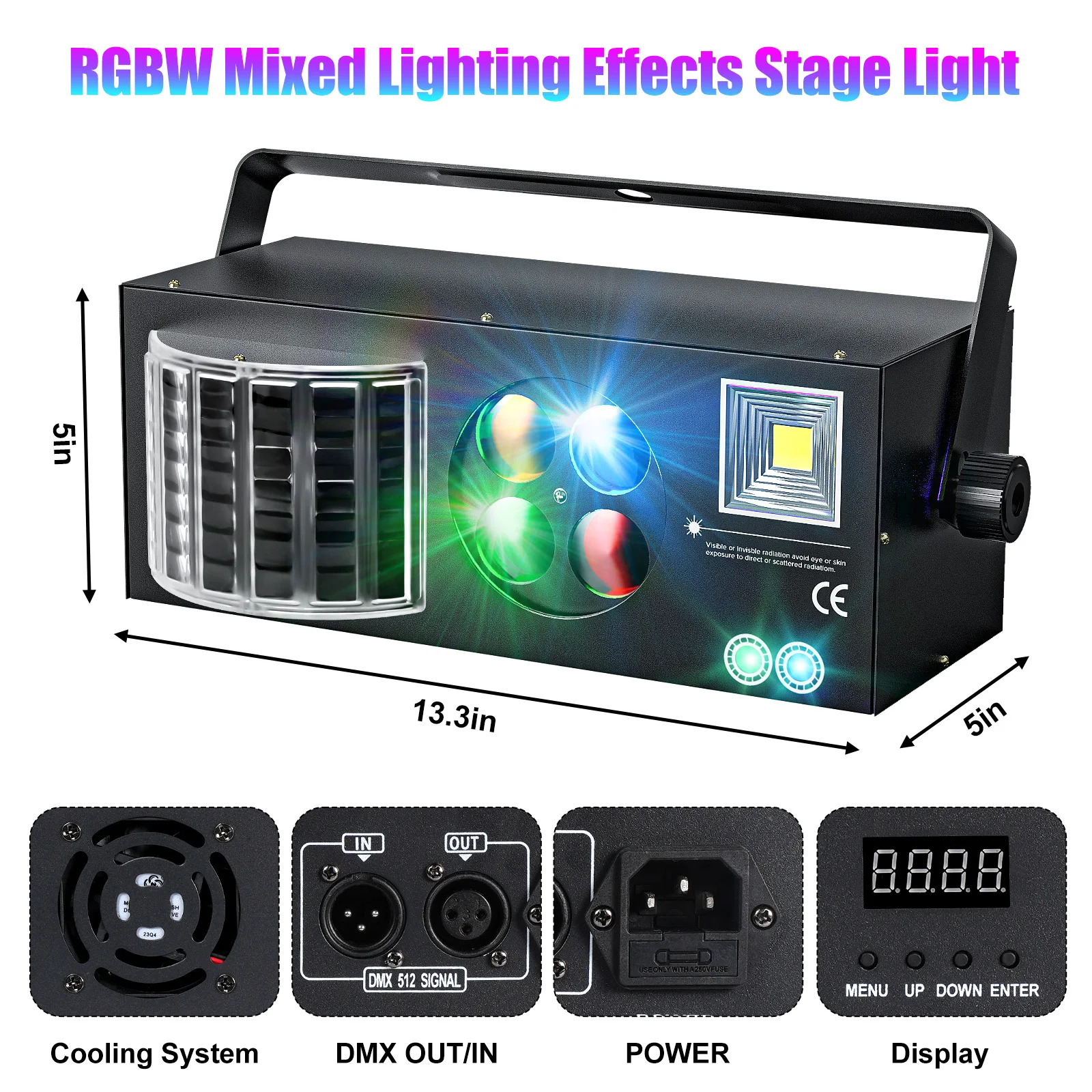 Fieryzeal 60W 4IN1 Stage Effect Lighting RGBW LED Laser Patterns Strobe Butterfly Light DMX Effect for DJ Disco Party Bar KTV