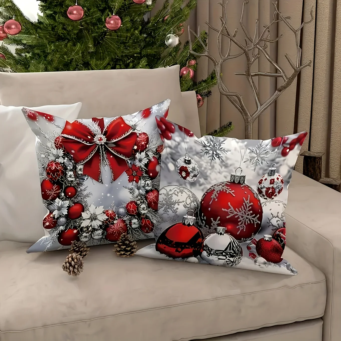 4 Pcs Christmas Pillowcases, Festive Red And Silvery Spherical Wreath Tree Pattern, Zippered Polyester Decorative Pillow Covers
